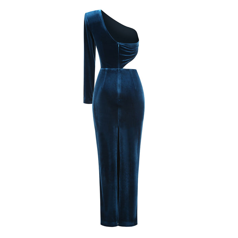 Asymmetrical One Shoulder Ruched Cutout Slit Velvet Evening Maxi Dress