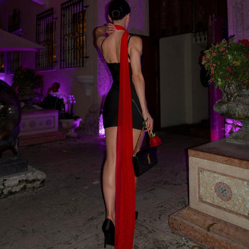 Asymmetrical Red Tulle Scarf Halter Sleeveless Black Bandage Slip Mini Dress