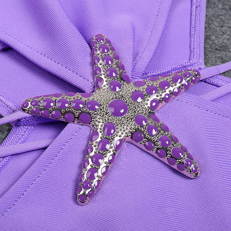 Asymmetrical Rhinestone Starfish Embellished Cutout Shoulder Pad Bandage Cocktail Dress