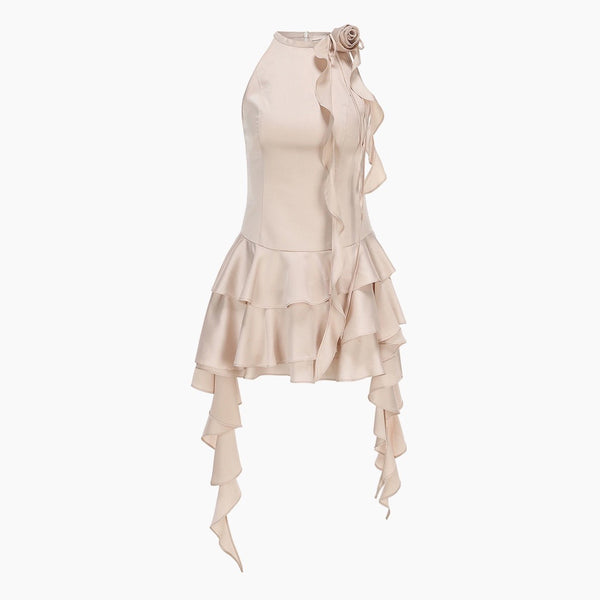 Asymmetrical Rosette High Neck Sleeveless Satin Ruffled Tiered Mini Dress