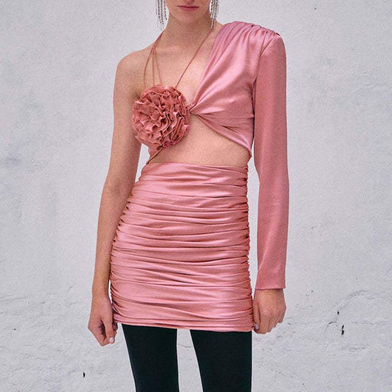 Asymmetrical Rosette Long Sleeve Sheen Satin Cutout Ruched Mini Party Dress