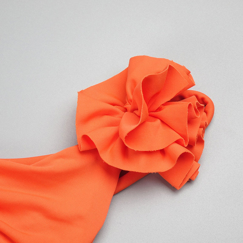 Asymmetrical Rosette One Shoulder Cutout Waist Ruched Drape Maxi Evening Dress