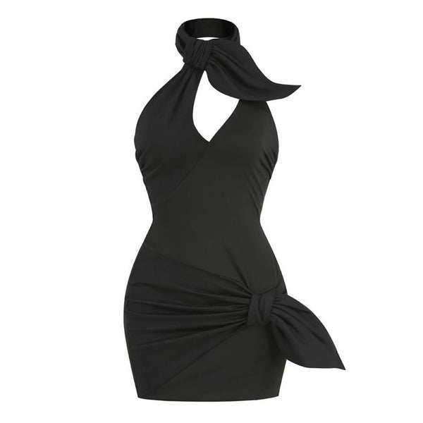 Asymmetrical Ruched Bow Trim Halter Neck Sleeveless Bodycon Mini Party Dress