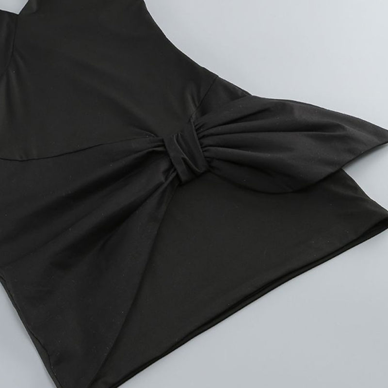 Asymmetrical Ruched Bow Trim Halter Neck Sleeveless Bodycon Mini Party Dress