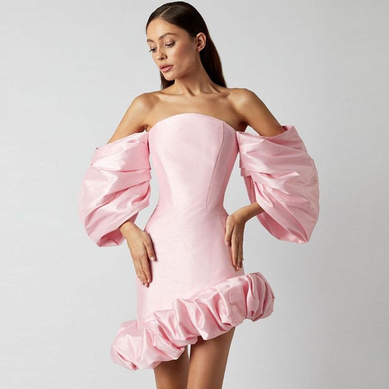 Asymmetrical Ruffle Hem Bubble Sleeve Off Shoulder Satin Bodycon Mini Party Dress