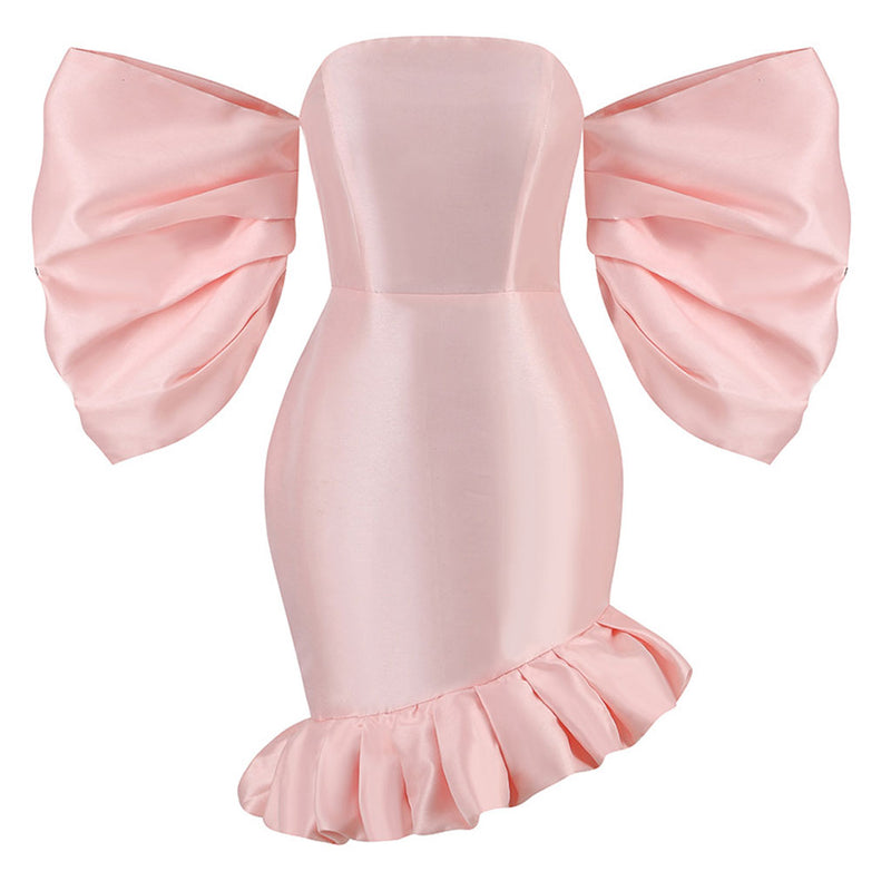 Asymmetrical Ruffle Hem Bubble Sleeve Off Shoulder Satin Bodycon Mini Party Dress