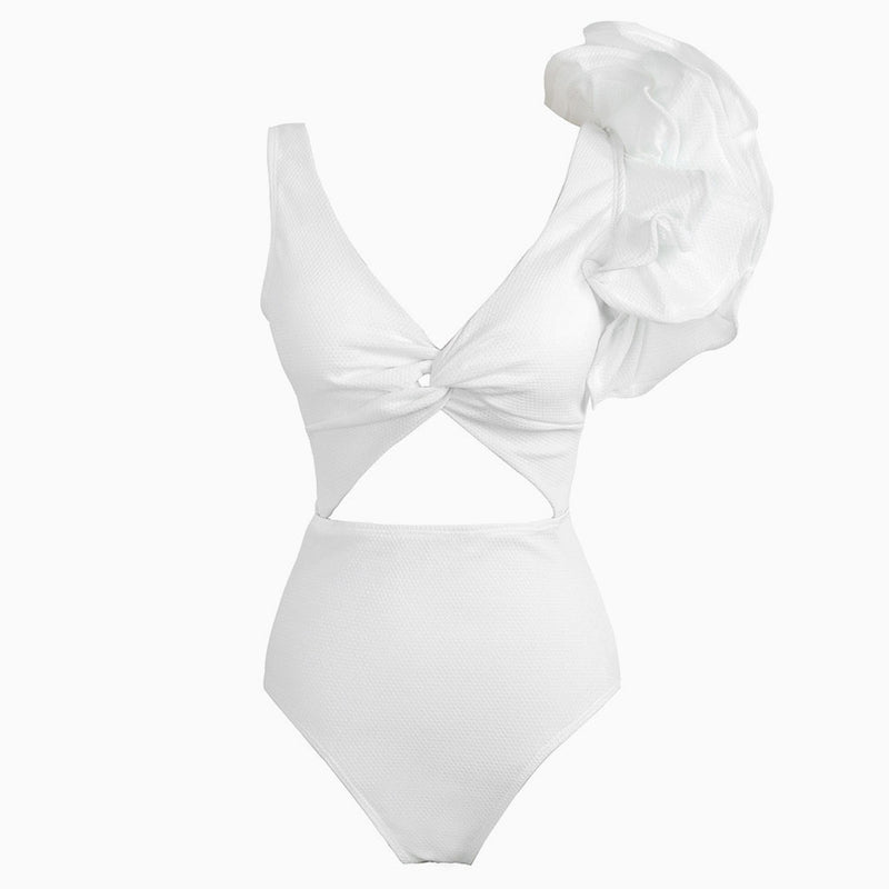 Asymmetrical Ruffle Textured Ruched Twist Knot Cutout One Piece Swimsuit