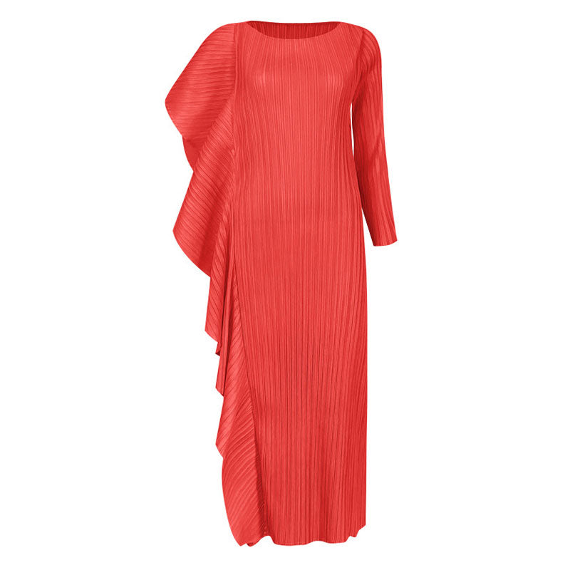 Asymmetrical Ruffled Side Round Neck 3/4 Sleeve Bodycon Pleated Midi Dress