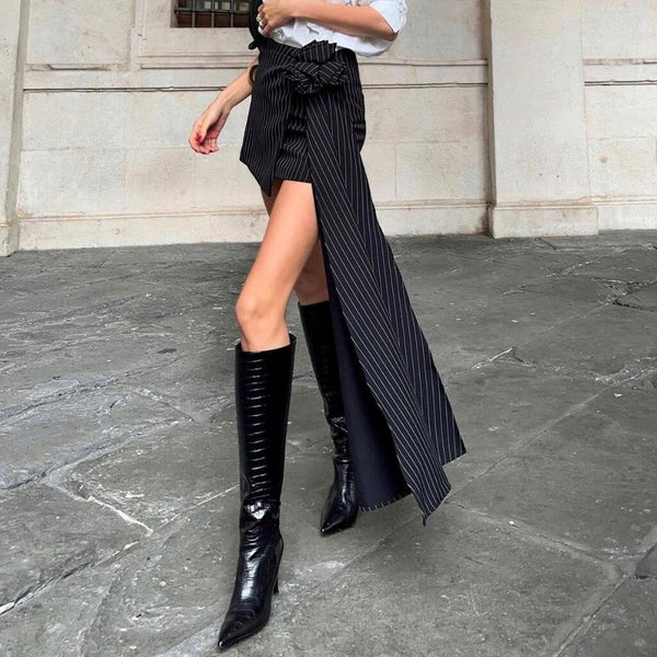 Asymmetrical Sash Rosette High Waist Vertical Striped Draped Bodycon Mini Skirt