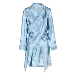 Asymmetrical Sheen Satin Wrap Blouse and Shirred High Waist Mini Skirt Matching Set