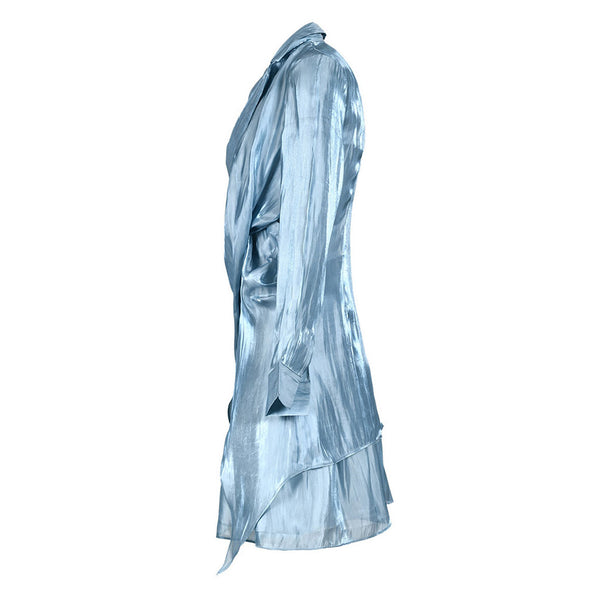 Asymmetrical Sheen Satin Wrap Blouse and Shirred High Waist Mini Skirt Matching Set