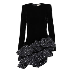 Asymmetrical Tiered Ruffle Hem Crew Neck Shoulder Pad Velvet Mini Party Dress
