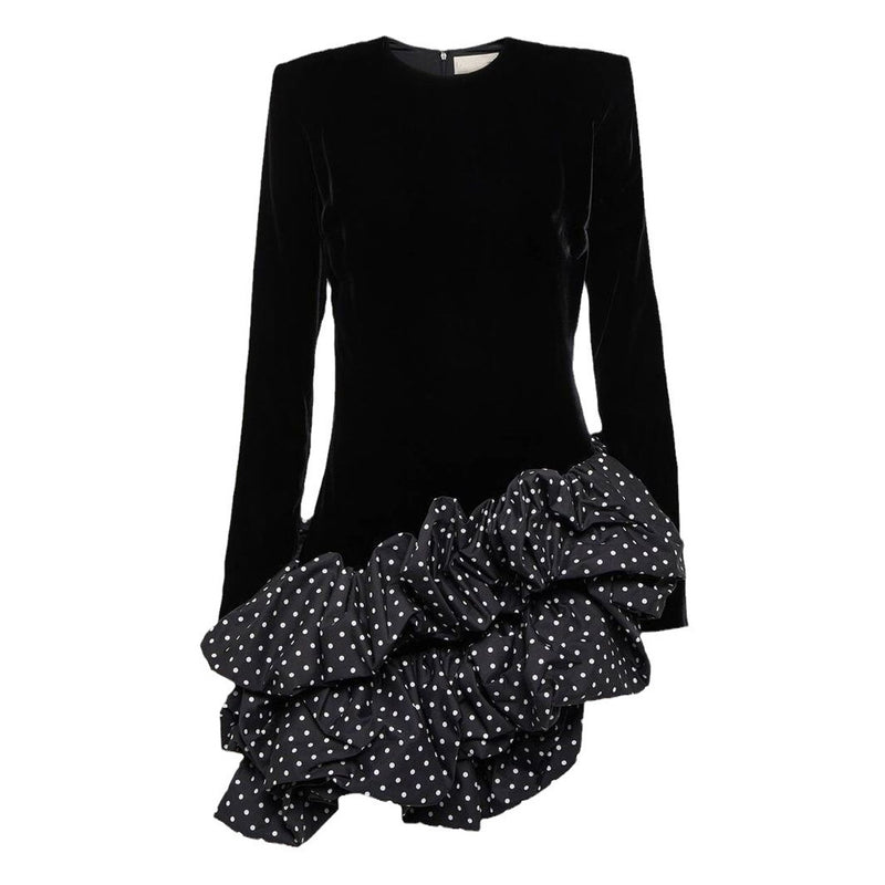 Asymmetrical Tiered Ruffle Hem Crew Neck Shoulder Pad Velvet Mini Party Dress