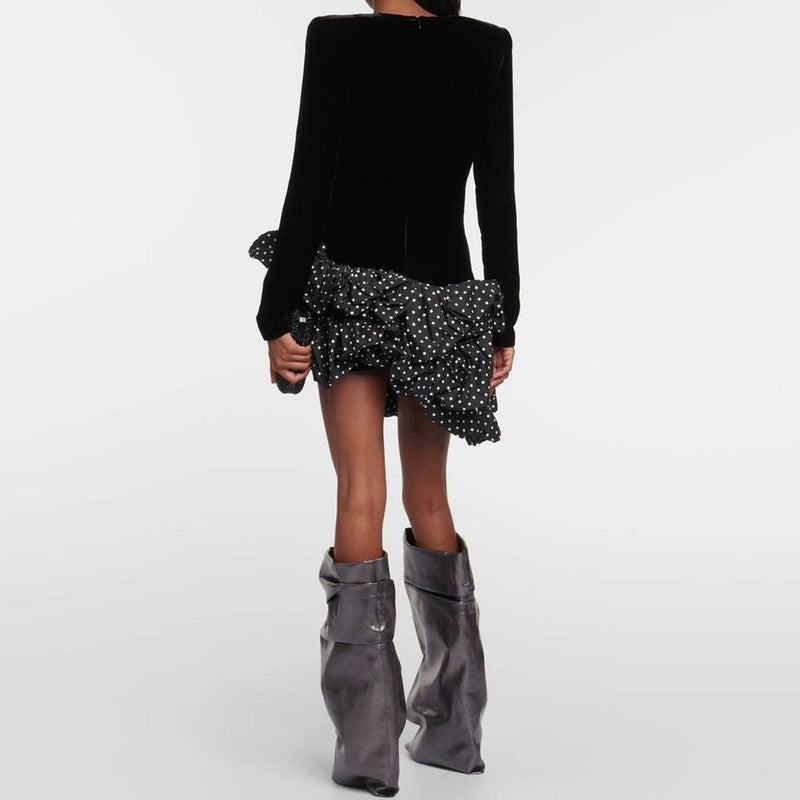 Asymmetrical Tiered Ruffle Hem Crew Neck Shoulder Pad Velvet Mini Party Dress