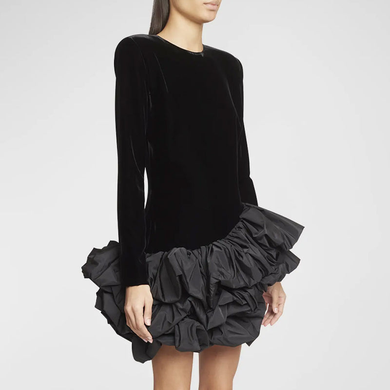 Asymmetrical Tiered Ruffle Hem Crew Neck Shoulder Pad Velvet Mini Party Dress
