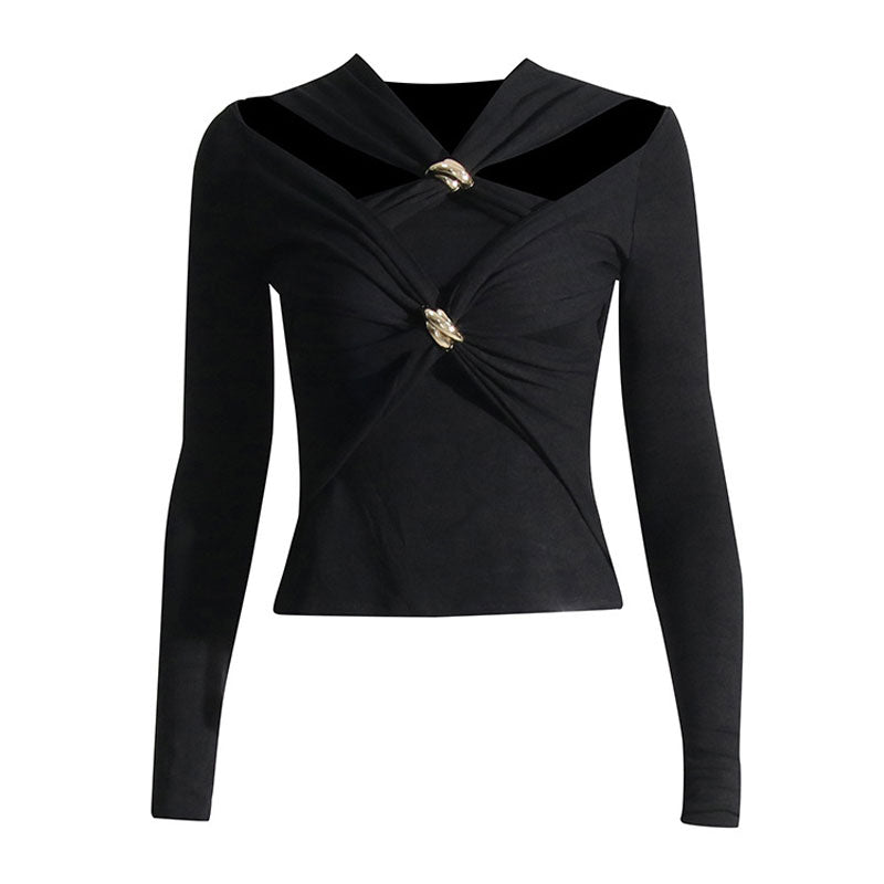 Avant Garde Metallic Accent Twist Layer V Neck Cut Out Long Sleeve Crop Fitted Top