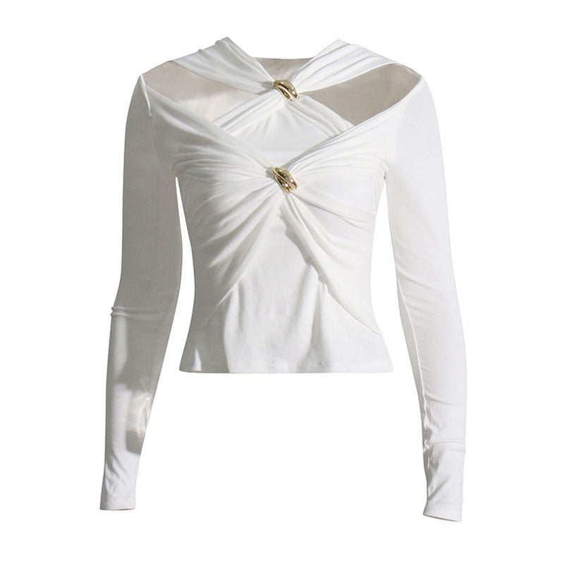Avant Garde Metallic Accent Twist Layer V Neck Cut Out Long Sleeve Crop Fitted Top