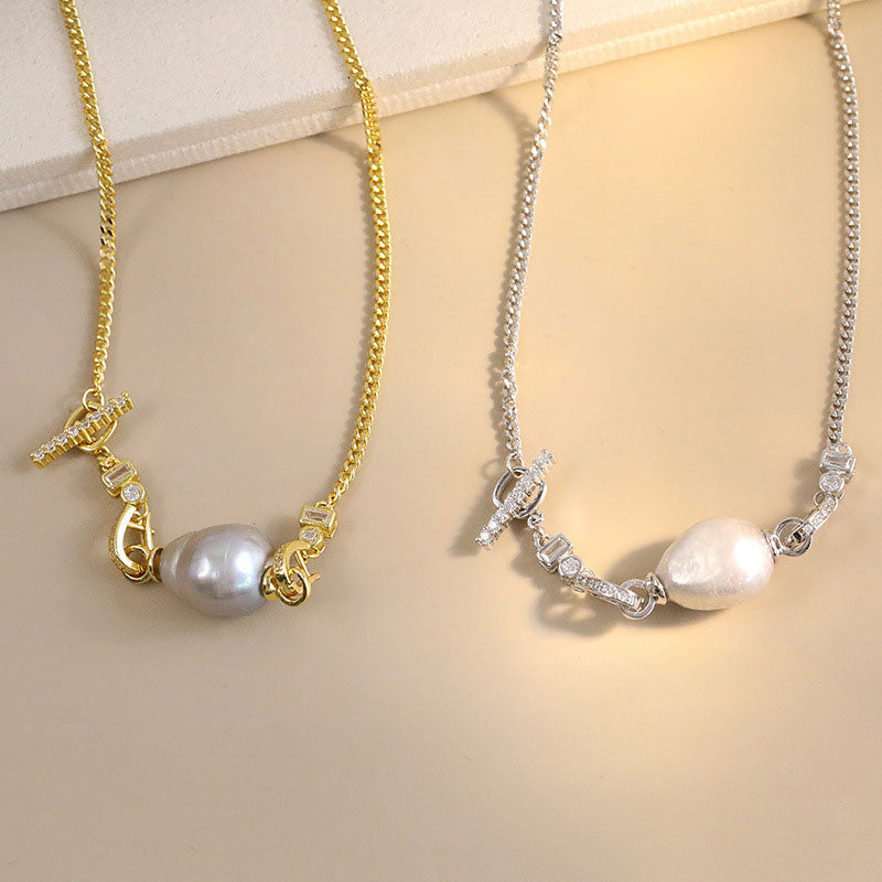 Baroque Freshwater Pearl Cubic Zirconia Smile Cuban Link Chain Necklace