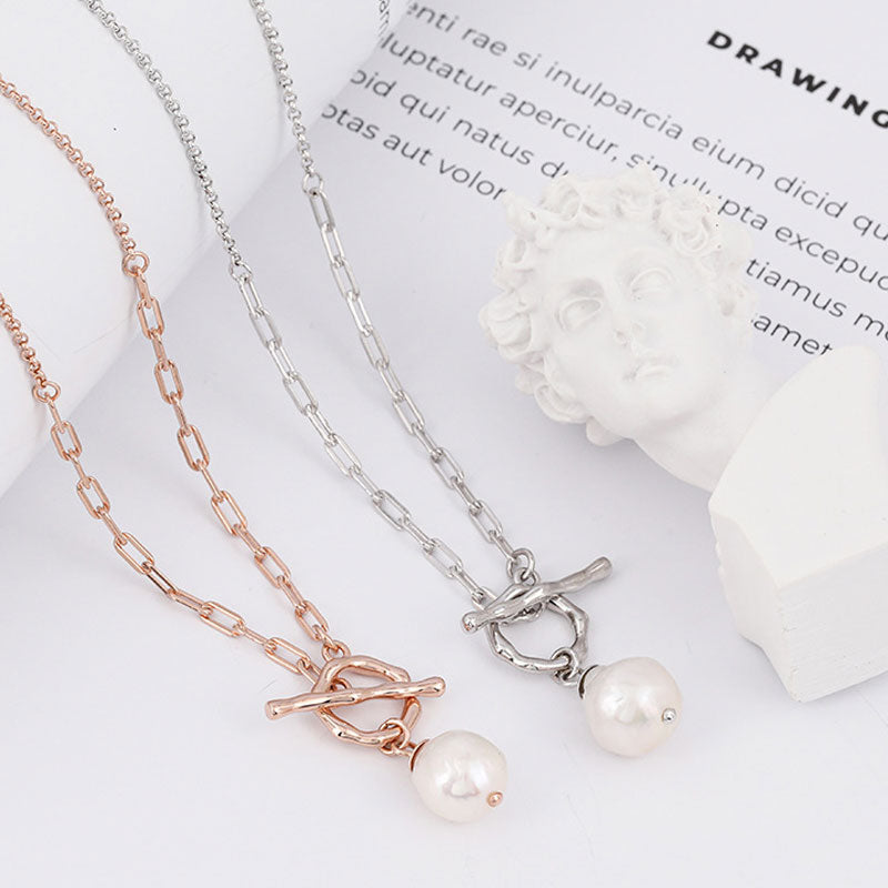 Baroque Freshwater Pearl Toggle Pendant Cable Paperclip Link Necklace