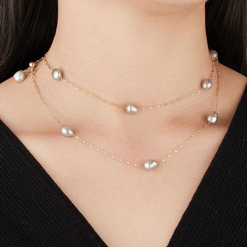 Baroque Pearl Sterling Silver Satellite Chain Bolo Slider Bead Station Necklace