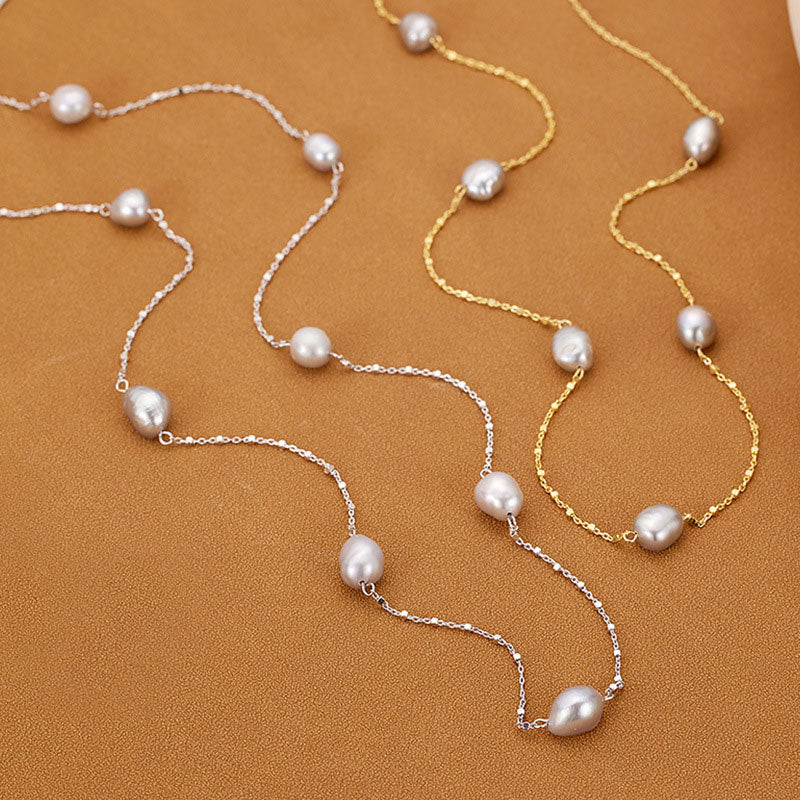 Baroque Pearl Sterling Silver Satellite Chain Bolo Slider Bead Station Necklace