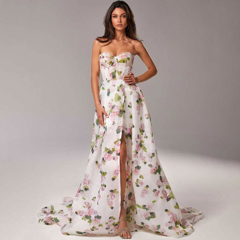 Bloom Floral Printed Sweetheart Corset Strapless Lace Up Split Maxi Evening Dress