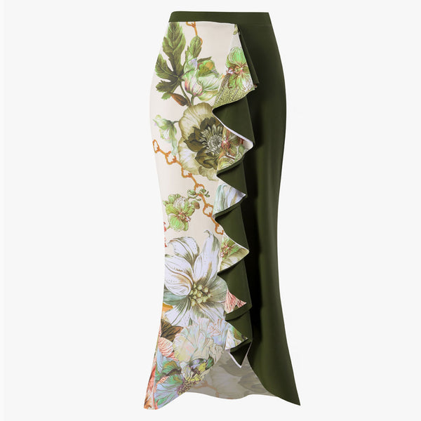 Bohemian Floral Print High Waist Ruffled Fishtail Maxi Cover Up Skirt