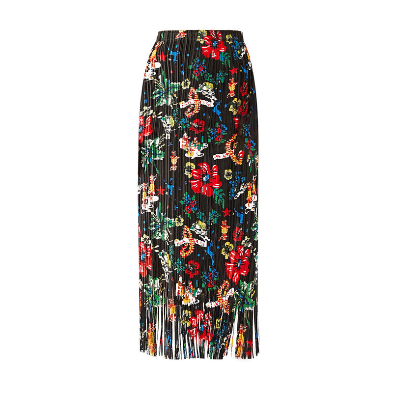 Bohemian Multicolored Floral Print High Waist Fringe Trim Pleated Midi Skirt