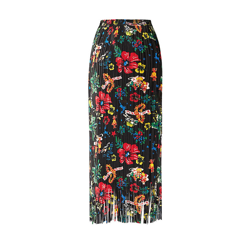 Bohemian Multicolored Floral Print High Waist Fringe Trim Pleated Midi Skirt