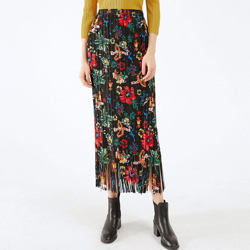 Bohemian Multicolored Floral Print High Waist Fringe Trim Pleated Midi Skirt