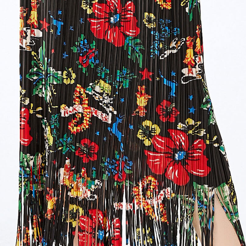 Bohemian Multicolored Floral Print High Waist Fringe Trim Pleated Midi Skirt