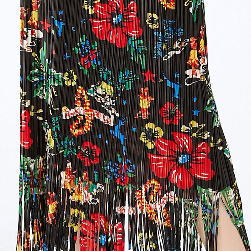 Bohemian Multicolored Floral Print High Waist Fringe Trim Pleated Midi Skirt