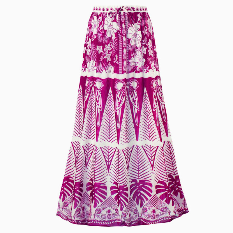 Bohemian Print High Waist Tied Ruched Chiffon Beach Maxi Cover Up Skirt
