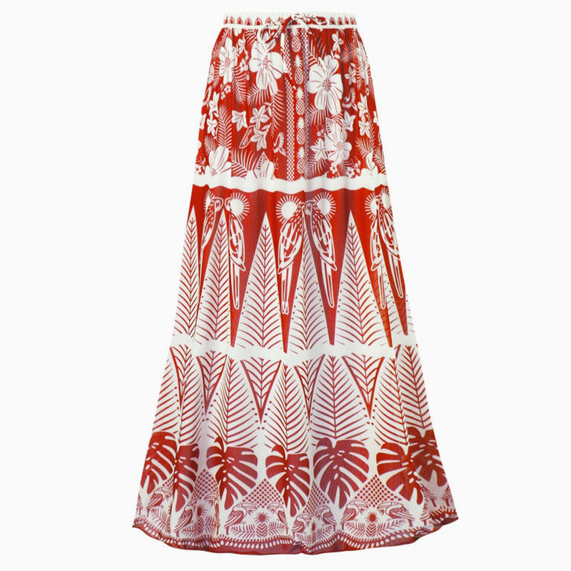 Bohemian Print High Waist Tied Ruched Chiffon Beach Maxi Cover Up Skirt