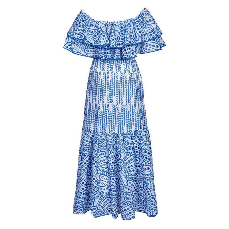 Boho Broderie Anglaise Off the Shoulder Shirred Ruffled Tiered Maxi Dress