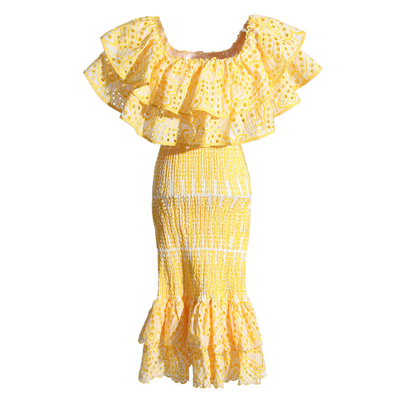 Boho Broderie Anglaise Shirred Detail Ruffled Mermaid Midi Skirt Matching Set