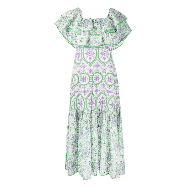 Boho Floral Broderie Anglaise Layered Ruffled Off the Shoulder Smocked Midi Dress