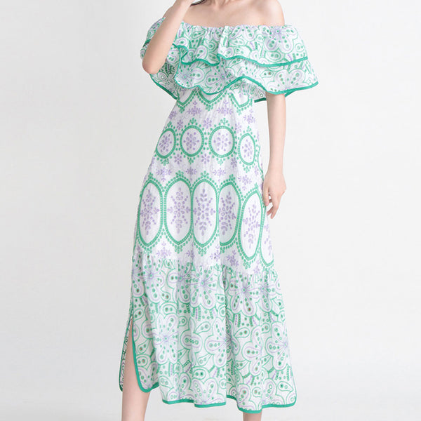 Boho Floral Broderie Anglaise Layered Ruffled Off the Shoulder Smocked Midi Dress