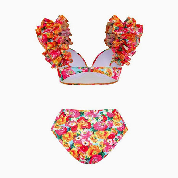 Boho Floral Print Ruched Mid Waist Moderate Ruffle Underwire Bikini Set