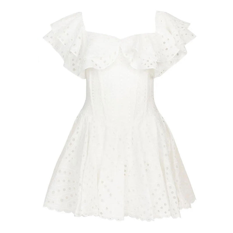 Boho Ruffled Off the Shoulder Smocked Back Broderie Anglaise Mini Dress