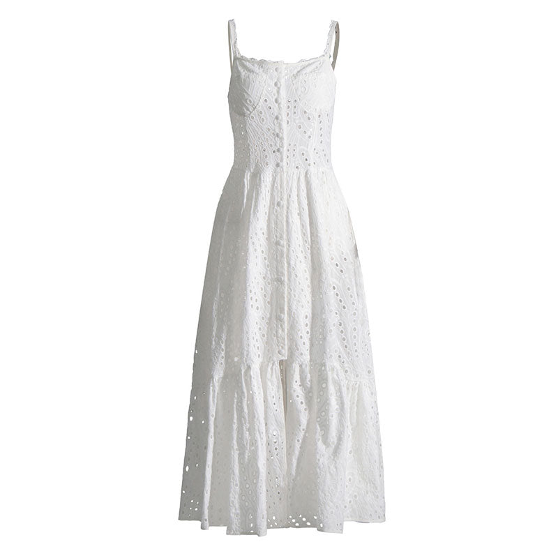 Boho Scalloped Square Neck Cami Button Front Smocked Broderie Anglaise Midi Sundress