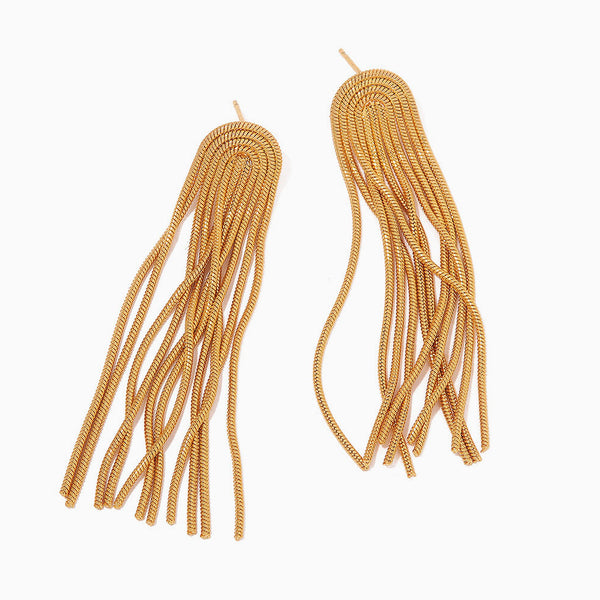 Bold 18K Gold Plated Round Snake Chain Tassel Long Linear Drop Earrings