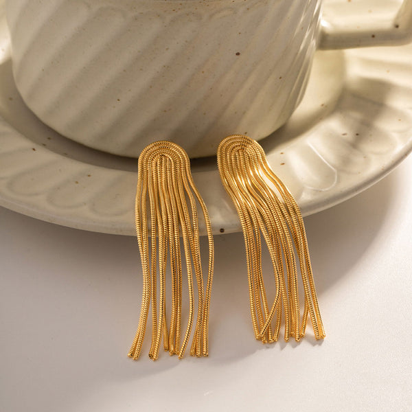 Bold 18K Gold Plated Round Snake Chain Tassel Long Linear Drop Earrings