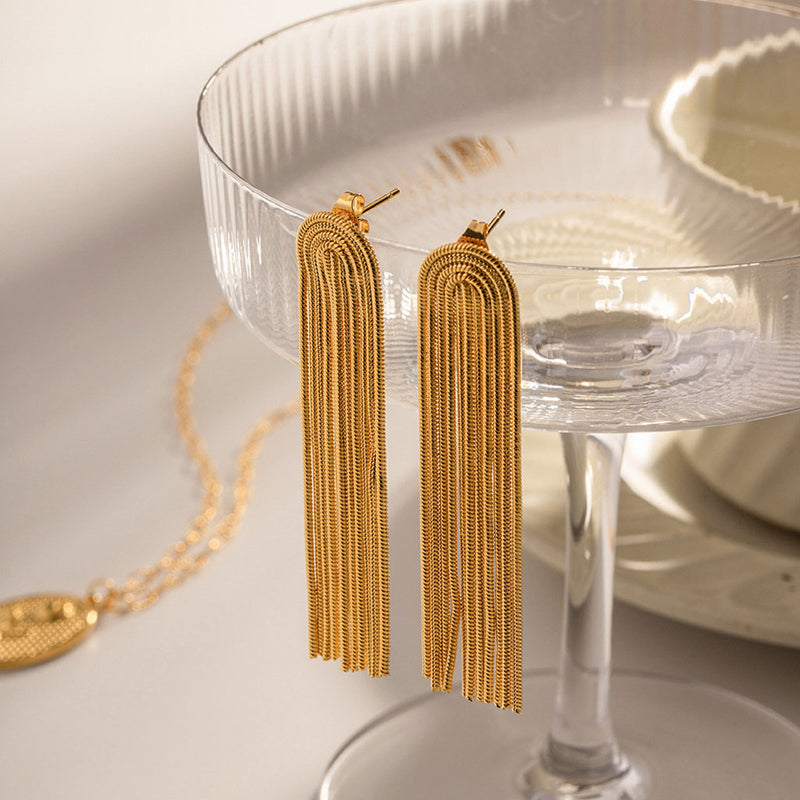Bold 18K Gold Plated Round Snake Chain Tassel Long Linear Drop Earrings