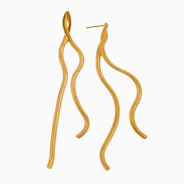Bold 18K Gold Plated Twist Top Flat Herringbone Chain Linear Earrings