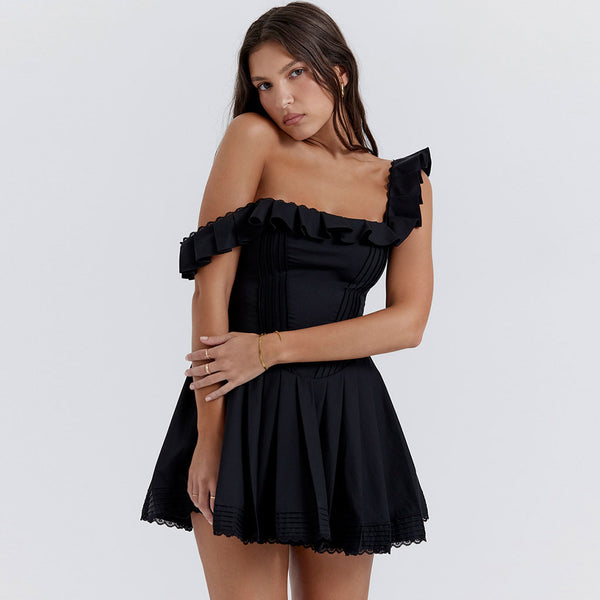 Breezy Lacy Ruffle Square Neck Fit and Flare Pintuck Pleated Mini Sundress