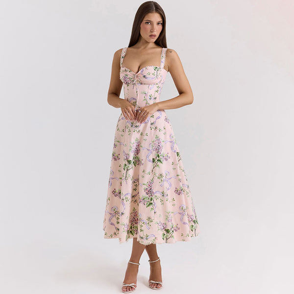 Breezy Ruched Bow Tie Lace Trim Sleeveless Fit Flare Floral Midi Sundress