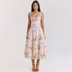 Breezy Ruched Bow Tie Lace Trim Sleeveless Fit Flare Floral Midi Sundress