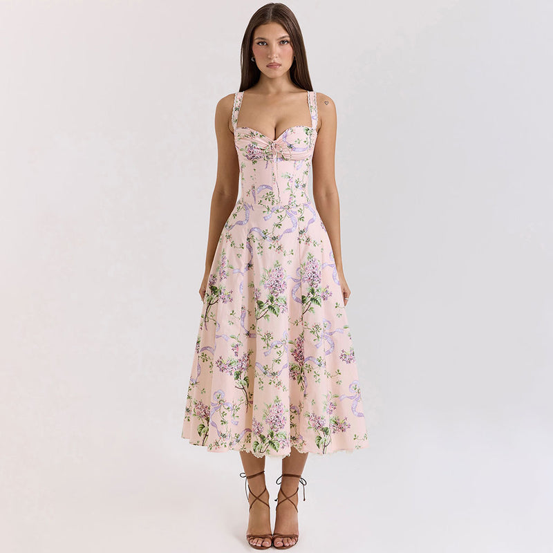 Breezy Ruched Bow Tie Lace Trim Sleeveless Fit Flare Floral Midi Sundress