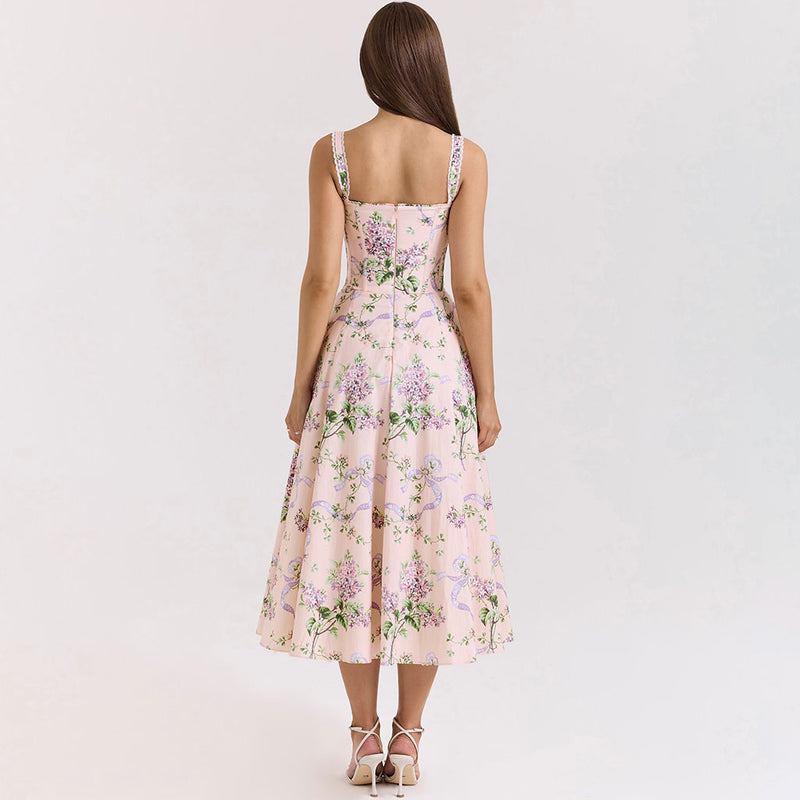 Breezy Ruched Bow Tie Lace Trim Sleeveless Fit Flare Floral Midi Sundress